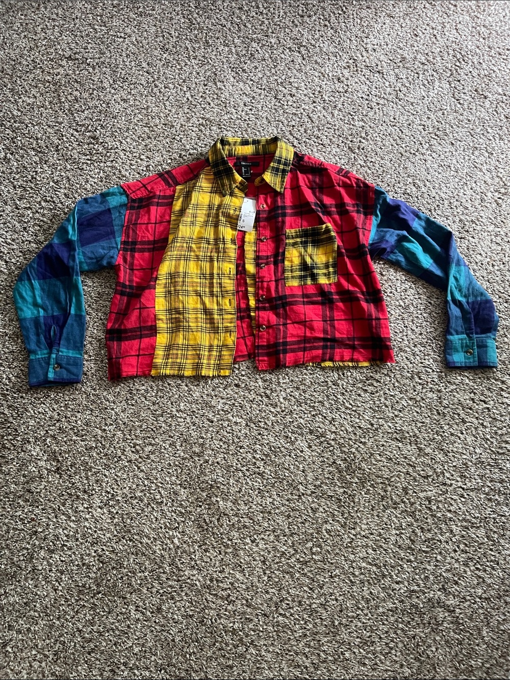 Forever 21 Multicolor Plaid Cropped Button-Down - Yellow, Red & Blue